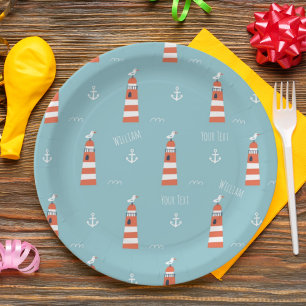 Assiettes En Carton Phare pour enfants et Motif d'Ancres sur Blue