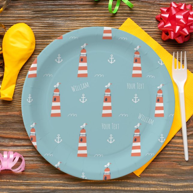 Assiettes En Carton Phare pour enfants et Motif d'Ancres sur Blue (Créateur téléchargé)