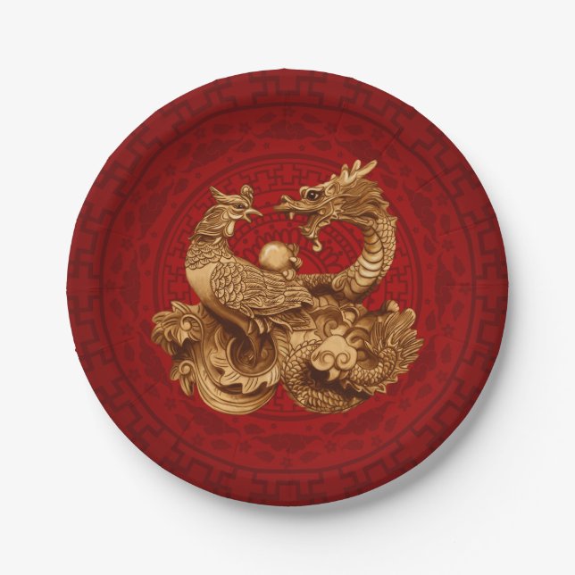 Assiettes En Carton Phoenix et Dragon en rouge (Devant)