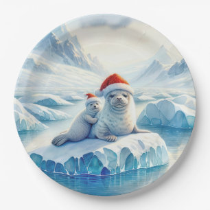 Assiettes En Carton Phoques arctiques de Noël avec chapeau de Père Noë