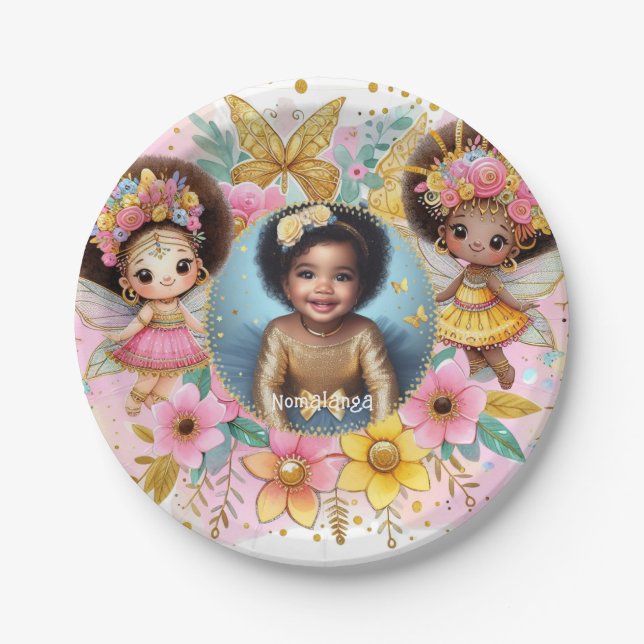 Assiettes En Carton Photo Anniversaire Little Black Fairy African Pink (Devant)