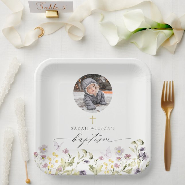 Assiettes En Carton Photo Baptême de Papillon floral de la prairie ros (Mariage)