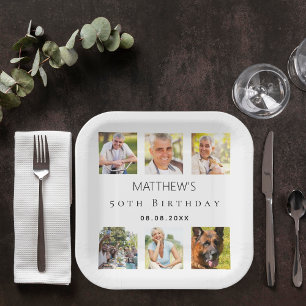 Assiettes En Carton Photo collage blanc fête d'anniversaire