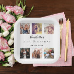 Assiettes En Carton Photo collage blanc fête d'anniversaire<br><div class="desc">Pour le 21e anniversaire d'une femme (ou tout âge), célébrant sa vie avec un collage de 6 de vos photos d'elle, de ses amis, de sa famille, de son intérêt ou de ses animaux de compagnie de haute qualité. Personnalisez et ajoutez son nom, âge 21. Une arrière - plan blanche...</div>