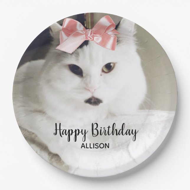 Assiettes En Carton Photo Cute Cat Anniversaire White Pink Personnalis (Devant)