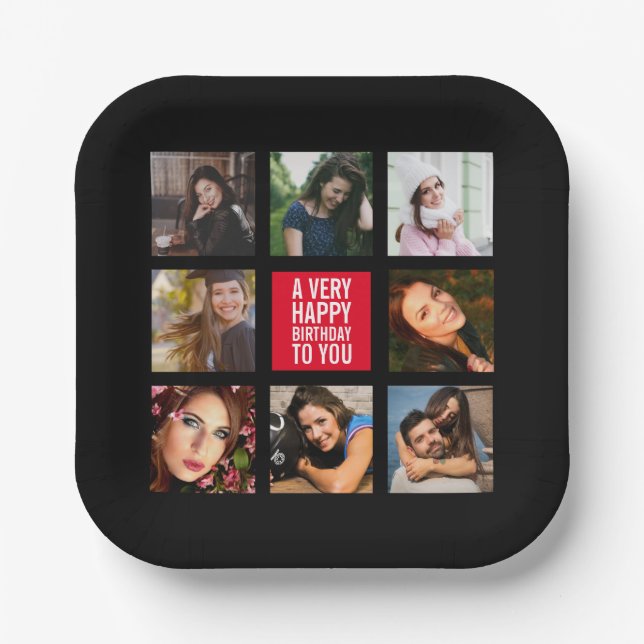 Assiettes En Carton Photo d'anniversaire Collage noir et rouge (Recto)