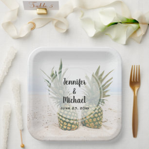 Assiettes En Carton Photo de 2 ananas lors d'un mariage sur la plage