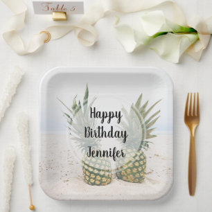 Assiettes En Carton Photo de 2 ananas sur une plage Anniversaire