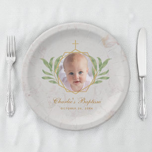 Assiettes En Carton Photo de baptême en marbre à motifs botaniques géo