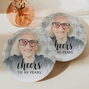 Assiettes En Carton Photo de fête d'anniversaire 90 ans Black Script C