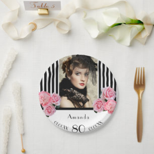 Assiettes En Carton photo de fleurs à rayures noires et blanches pour 