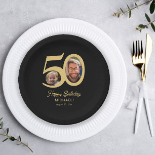 Assiettes En Carton Photo d'or noir du 50e anniversaire moderne