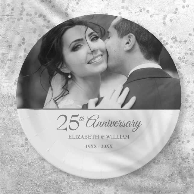 Assiettes En Carton Photo du Mariage du 25e anniversaire de l'argent (25th Silver Anniversary Wedding Photo Paper Plates)