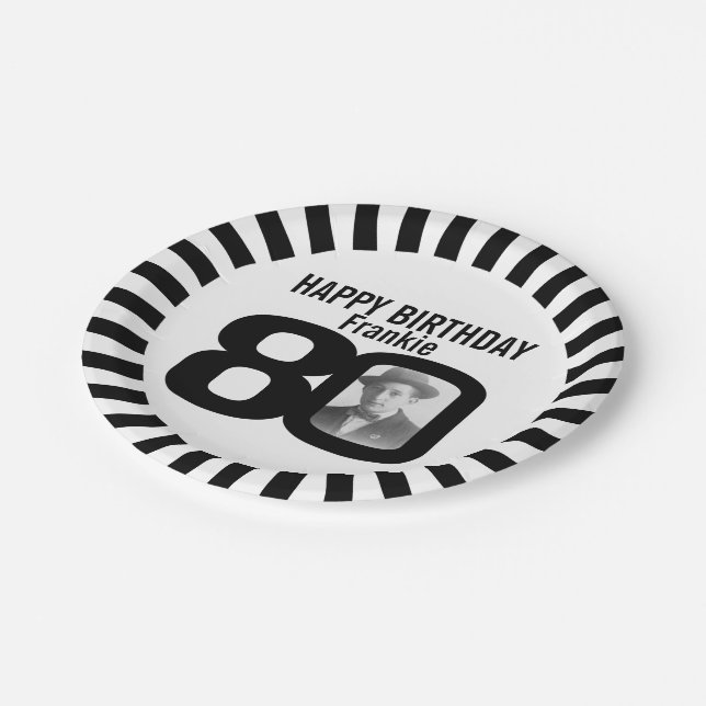 Assiettes En Carton Photo et rayures de 80e anniversaire noir et blanc (Angle)