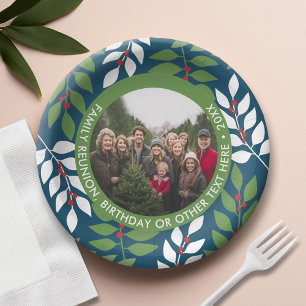 Assiettes En Carton Photo - Eucalyptus Bordure - Rouge Bleu Vert famil