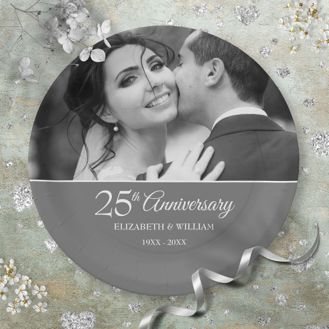 Assiettes En Carton Photo Mariage du 25e anniversaire Chic Silver (25th Anniversary Wedding Photo Chic Silver Paper Plates)