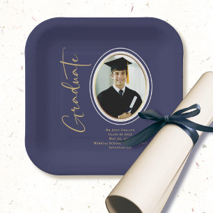 Assiettes En Carton Photo minimale de script de graduation Or Bleu Mar