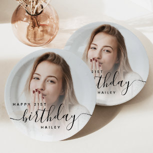 Assiettes En Carton Photo personnalisée Script noir 21e anniversaire