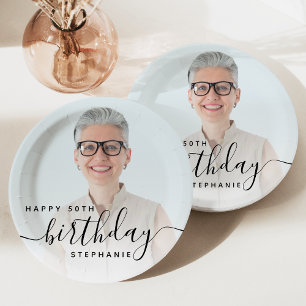 Assiettes En Carton Photo personnalisée Script noir 50e anniversaire