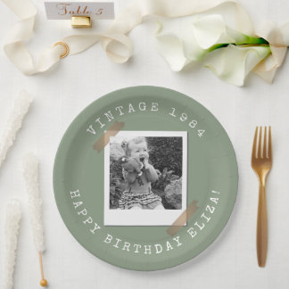 Assiettes En Carton Photo Polaroid Vintage Birthday Sage Green