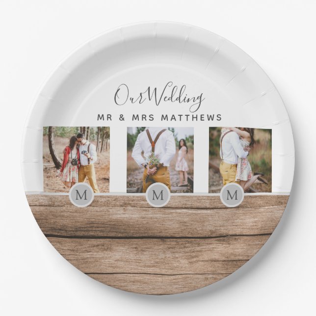 Assiettes En Carton Photo Rustic Collage Monogram NEWLYWEDS WEDDING