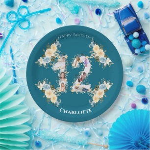 Assiettes En Carton Photo turquoise 12e anniversaire Collage Fleur Jau