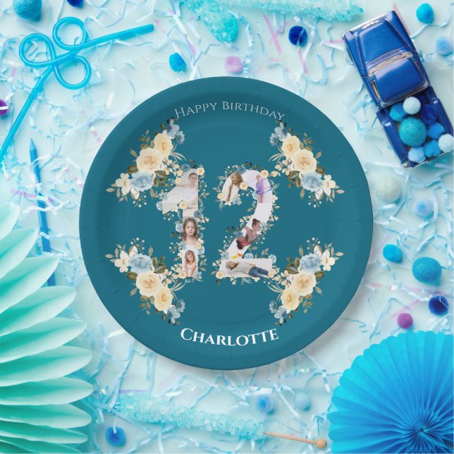 Assiettes En Carton Photo turquoise 12e anniversaire Collage Fleur Jau (Fête)