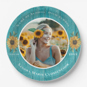 Assiettes En Carton Photo Turquoise Tournesol Jaune fête de graduation