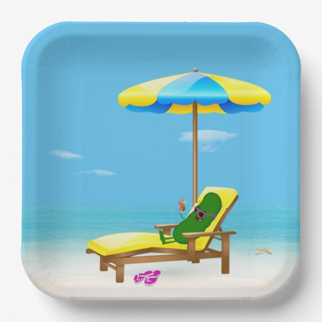 Assiettes En Carton Picket Vert Sur Le Transat De Plage (Recto)