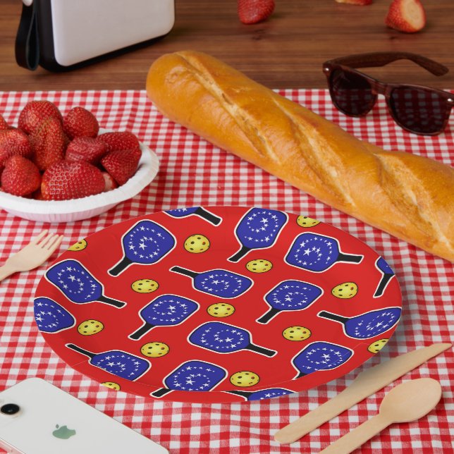 Assiettes En Carton Pickleball Blue Paddles Yellow Balls 4 juillet (Pique-nique)