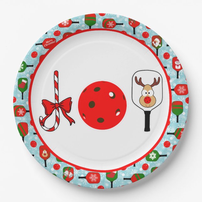 Assiettes En Carton Pickleball Joie fête de Noël Rouge Vert sur Bleu (Devant)
