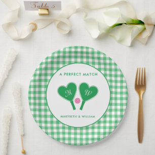 Assiettes En Carton Pickleball Mariage rose et vert Preppy