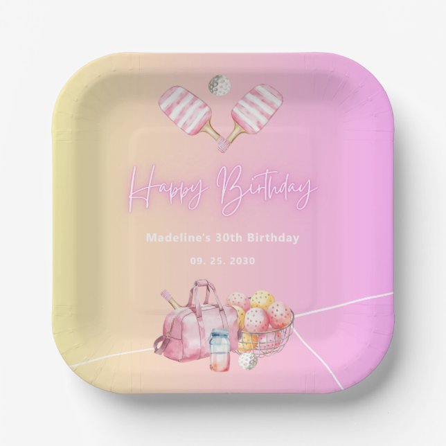 Assiettes En Carton Pickleball rose amusant 30e fête d'anniversaire (Recto)