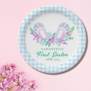 Assiettes En Carton Pied Plaid Bleu Personnalisé Mes premiers pieds Pâ