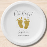 Assiettes En Carton Pieds pour bébé Parties scintillant or<br><div class="desc">Cette mignonne plaque en papier Baby shower est décorée avec des pieds bébé en parties scintillant or et Oh Baby! en typographie élégante. Facile à personnaliser.</div>