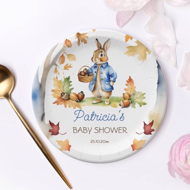 Assiettes En Carton Pierre lapin baby shower automne vaisselle (Peter Rabbit baby shower tableware personalized party plates fall themed bunny with acorn basket)
