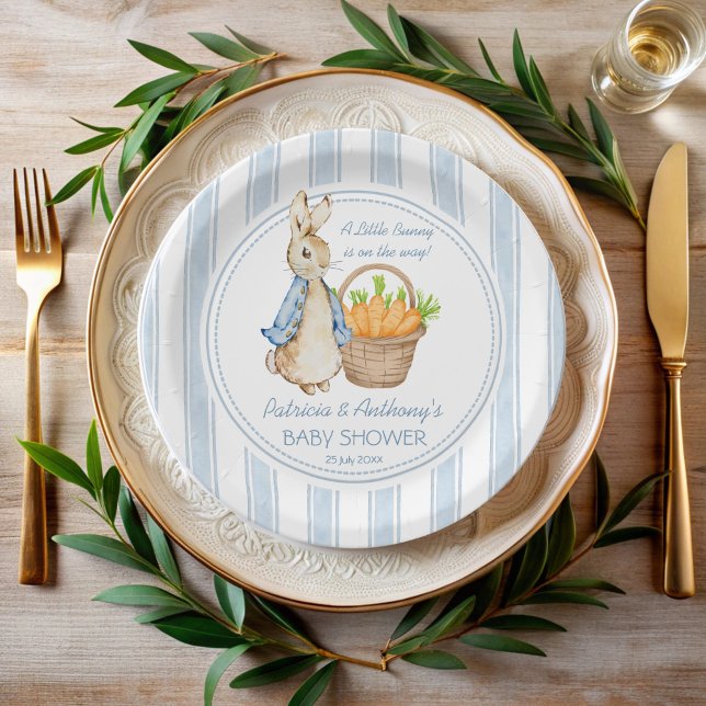 Assiettes En Carton Pierre lapin bleu poussiéreux rayures baby shower  (Peter rabbit vintage dusty blue stripes baby shower monogrammed paper plates personalized decor)