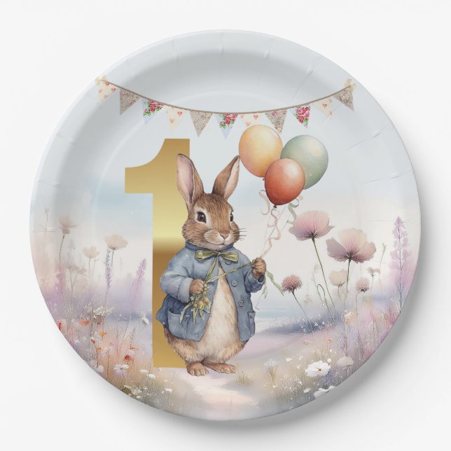 Assiettes En Carton Pierre le lapin avec ballons Premier anniversaire (Devant)
