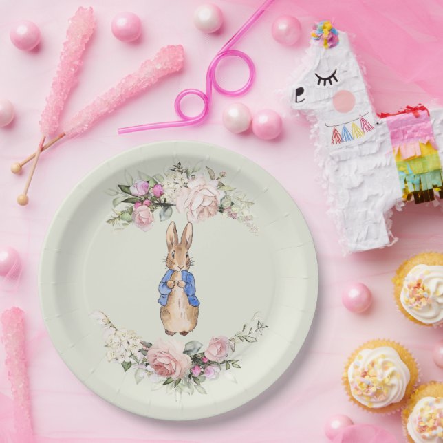 Assiettes En Carton Pierre le lapin, couronne de fleurs roses (Fête)