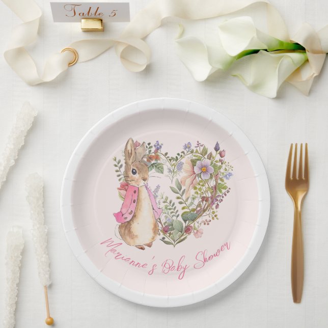 Assiettes En Carton Pierre le lapin rose Floral Baby shower fille (Mariage)