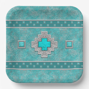 Assiettes En Carton Pierre Turquoise du Sud-Ouest Motif Géométrique