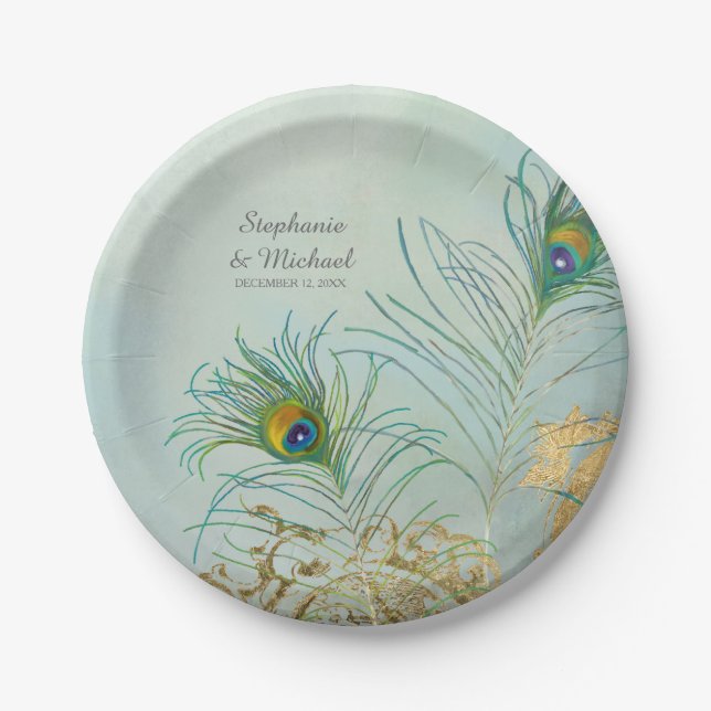 Assiettes En Carton Pierres Peacock personnalisées et élégantes Mariag (Devant)