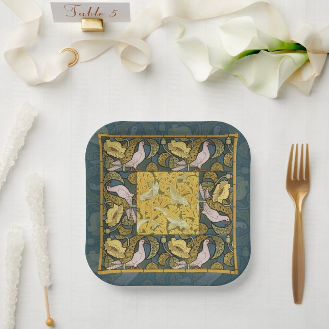 Assiettes En Carton Pigeon Blue Yellow Fish Art Nouveau (Mariage)