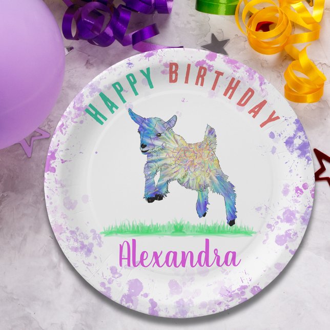 Assiettes En Carton Pigmy Goat Girls Anniversaire Nom de la fête (Colorful cute pigmy goat jumping girls name personalized birthday party paper plate)