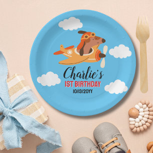 Assiettes En Carton Pilote de chien avion volant, Enfants mignons bleu