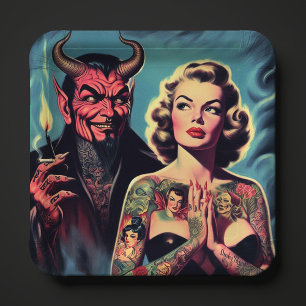 Assiettes En Carton Pin-up tatoué rétro diabolique