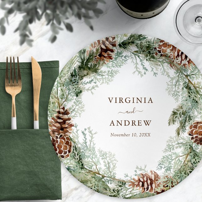 Assiettes En Carton Pin vert (Green Watercolor Evergreen Pinecones Paper Plates by Painted Paperie)