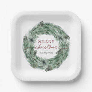 Assiettes En Carton Pine Tree Wreath Joyeux Noël Vert & Rouge