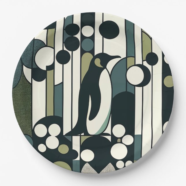 Assiettes En Carton Pingouin à crème verte perdu dans la géométrie (Devant)