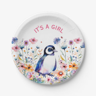 Assiettes En Carton Pingouin bébé en fleurs C'est une fille BABY SHO